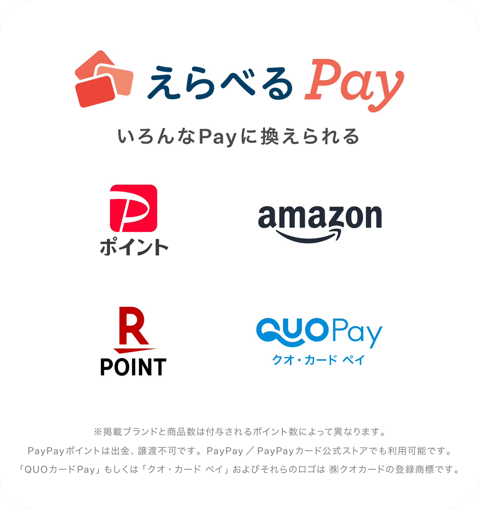 えらべるPay いろんなPayに換えられる PayPayポイント/Amazon/楽天ポイント/QUOカードPay